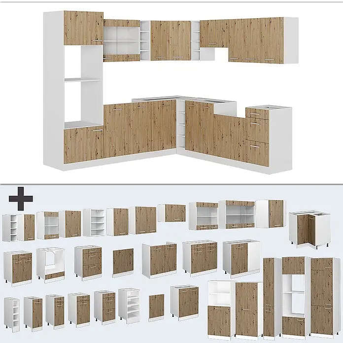 Vicco Eckküche R-Line Artisan Eiche/Weiß, AP Eiche - B x T: 247 x 60 cm, Artisan-Eiche, Ohne Elektrogeräte - Modulares Küchensystem: weiße Schränke, helle Holzfronten mit vertikalen Rillen. Als Eckküche und Einzelmodule gezeigt.