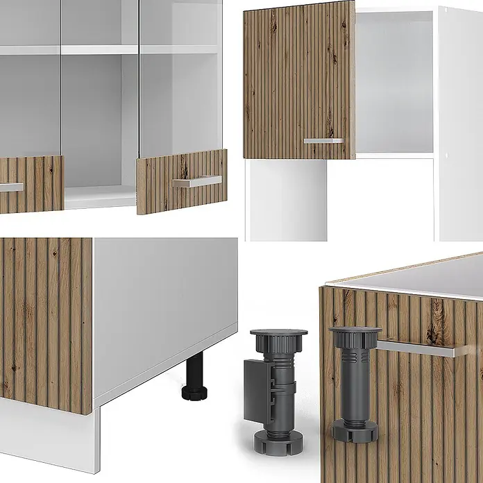 Vicco Eckküche R-Line Artisan Eiche/Weiß, AP Eiche - B x T: 247 x 60 cm, Artisan-Eiche, Ohne Elektrogeräte - Modulare weiße Schrankkomponenten mit geriffelten hellen Holzfronten, silbernen Griffen und verstellbaren grauen Füßen.