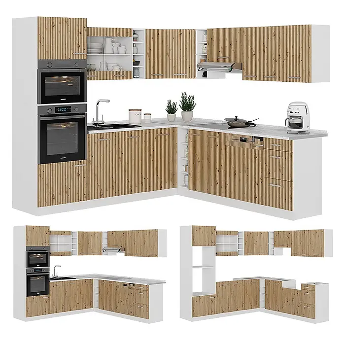 Vicco Eckküche R-Line Artisan Eiche/Weiß, AP Eiche - B x T: 247 x 60 cm, Artisan-Eiche, Ohne Elektrogeräte - Weiße Modulküche mit hellen Holzlamellenfronten, integrierten Geräten und weißer Arbeitsplatte, L-förmig angeordnet.