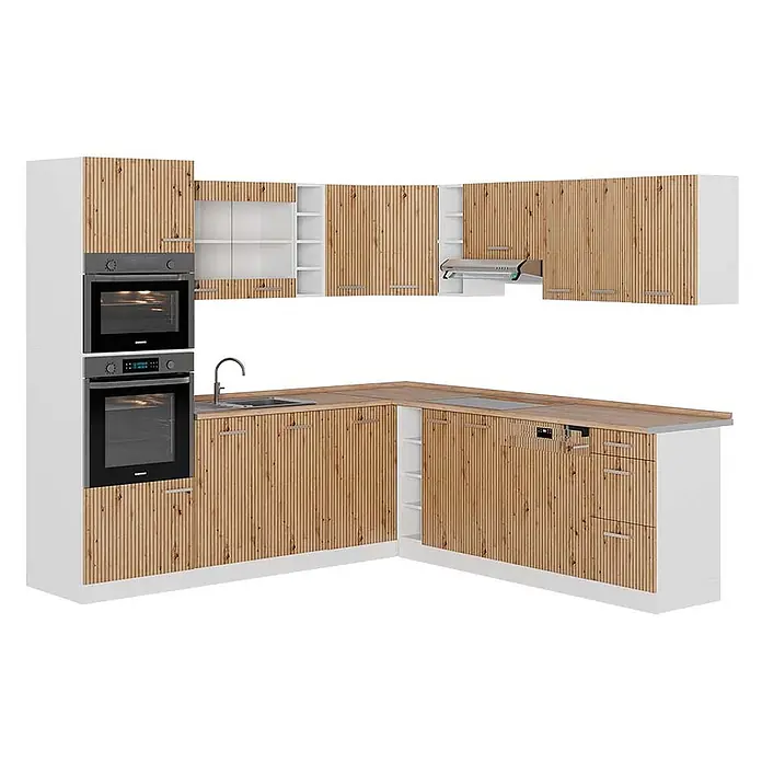 Vicco Eckküche R-Line Artisan Eiche/Weiß, AP Eiche - B x T: 247 x 60 cm, Artisan-Eiche, Ohne Elektrogeräte - Modernes L-förmiges Küchenset mit Holzlattenfronten, weißen Schränken, heller Arbeitsplatte und integrierten Geräten.