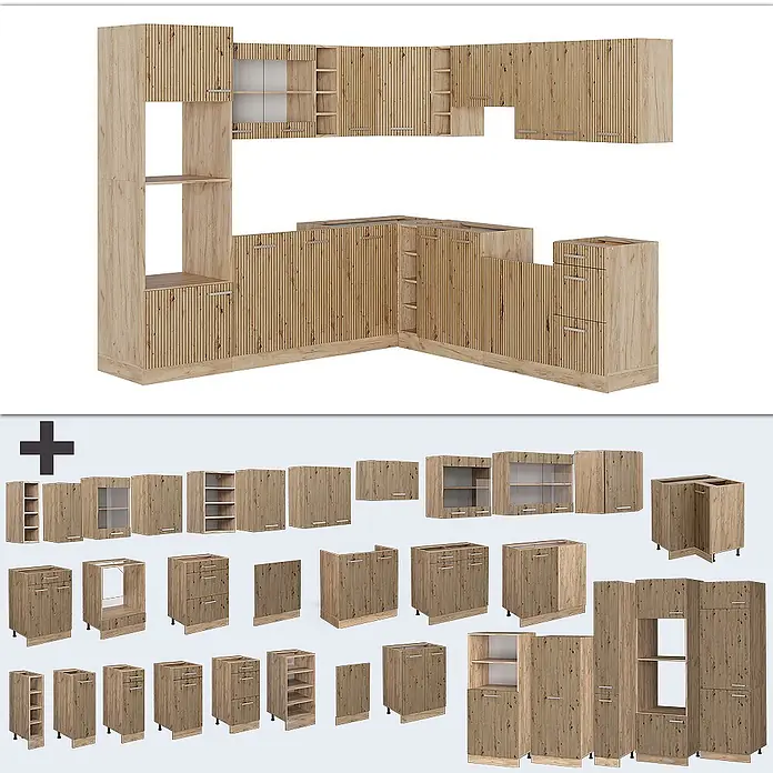 Vicco Eckküche R-Line Artisan-Eiche/Goldkraft Eiche ohne Arbeitsplatte - Artisan-Eiche, Ohne Elektrogeräte - Modulare Küchenmöbel aus hellem Holz mit gerippter Struktur, als Set und Einzelmodule dargestellt.