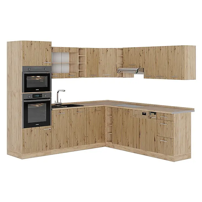 Vicco Eckküche R-Line Artisan-Eiche/Goldkraft Eiche ohne Arbeitsplatte - B x T: 247 x 46 cm, Artisan-Eiche, Ohne Elektrogeräte - Moderne L-förmige Küche in heller Eichenoptik mit vertikalen Lamellen, integrierten Öfen, Spüle und Kochfeld.