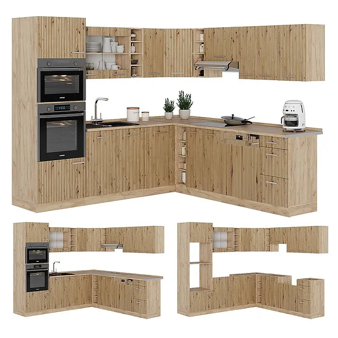 Vicco Eckküche R-Line Artisan-Eiche/Goldkraft Eiche ohne Arbeitsplatte - Artisan-Eiche, Ohne Elektrogeräte - Eckküchenzeile aus hellem Holz mit geriffelten Schränken, integrierten Öfen, Spüle, Kochfeld und Geschirrspüler sowie Oberschränken mit offenen Regalen.