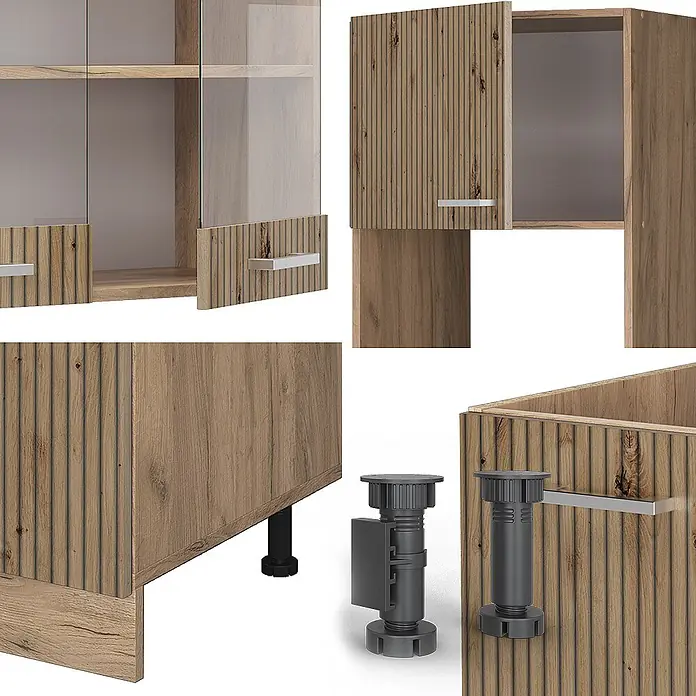 Vicco Eckküche R-Line Artisan-Eiche/Goldkraft Eiche ohne Arbeitsplatte - Artisan-Eiche, Ohne Elektrogeräte - Modulare Möbelteile aus heller Eiche mit Rillenstruktur, Glastüren, silbernen Griffen und verstellbaren schwarzen Füßen.