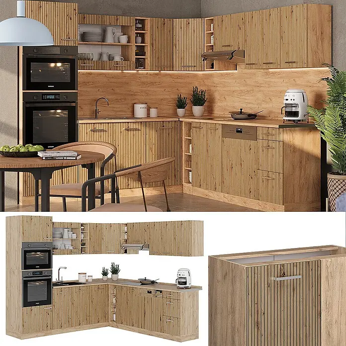 Vicco Eckküche R-Line Artisan-Eiche/Goldkraft Eiche ohne Arbeitsplatte - Artisan-Eiche, Ohne Elektrogeräte - Moderne Eckküche mit hellen Holzlamellenfronten und integrierten Geräten in häuslicher Umgebung.