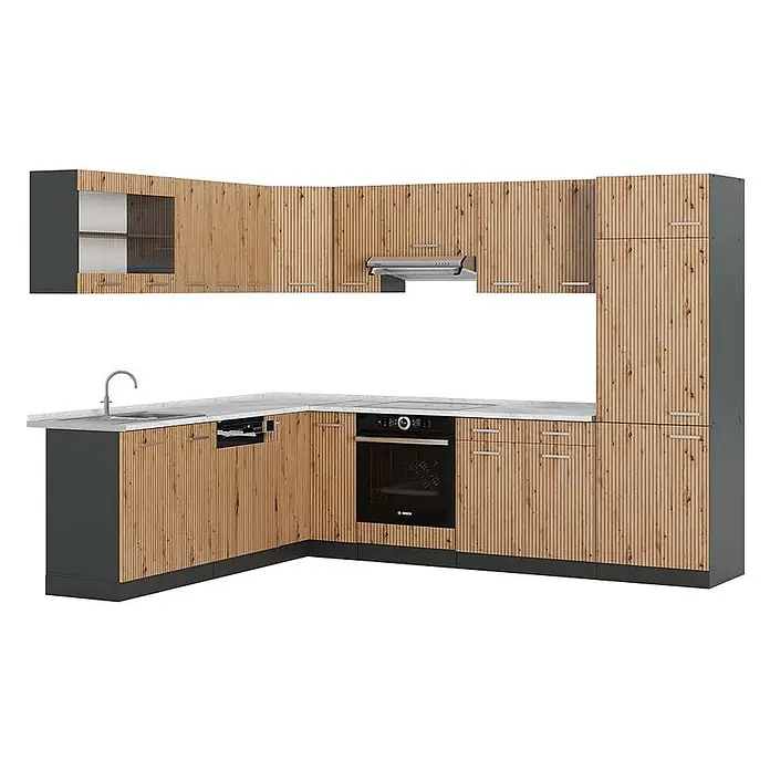 Vicco Eckküche R-Line Artisan Eiche/Anthrazit, AP Marmor - B x T: 287 x 60 cm, Artisan-Eiche, Ohne Elektrogeräte - L-förmige Küche mit hellen Holzlamellenfronten und dunkelgrauen Korpus. Mit weißer Arbeitsplatte, Spüle, Einbaubackofen, Geschirrspüler und Dunstabzugshaube.