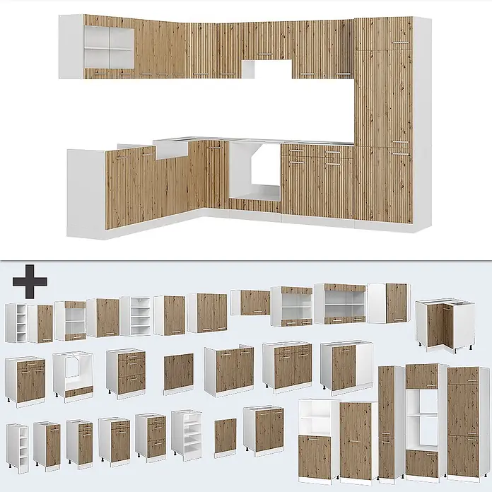 Eckküche R-Line 287 cm Artisan-Eiche Art.-Nr. 48982 -  - Modulares Küchenset mit hellen Holzlamellentüren und weißen Rahmen, montiert und als Einzelmodule gezeigt.