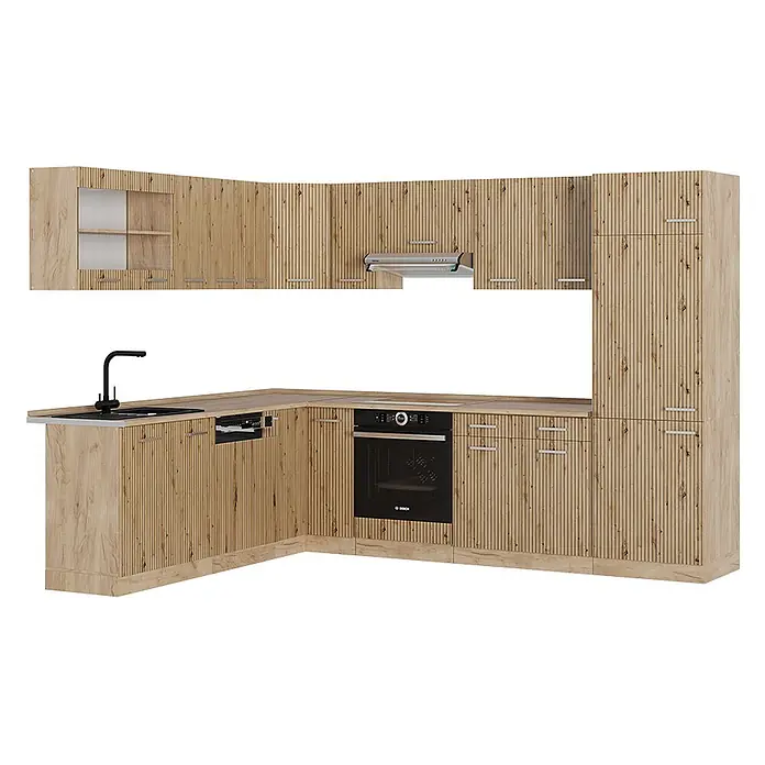 Vicco Eckküche R-Line Artisan-Eiche/Goldkraft Eiche ohne Arbeitsplatte - B x T: 287 x 46 cm, Artisan-Eiche, Ohne Elektrogeräte - L-förmige Küche in heller Holzoptik, vertikale Paneele, schwarzes Waschbecken/Armatur, Einbaubackofen und silberne Griffe.