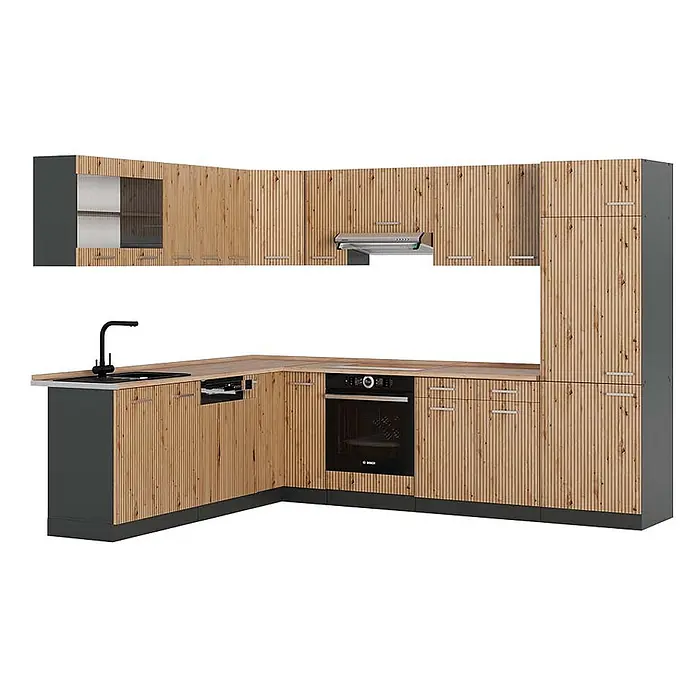 Vicco Eckküche R-Line Artisan Eiche/Anthrazit, AP Eiche - B x T: 287 x 60 cm, Artisan-Eiche, Ohne Elektrogeräte - Eckküche mit Holzoptik-Lamellenfronten, dunkelgrauen Akzenten, Spüle, Backofen, Geschirrspüler und Dunstabzugshaube.