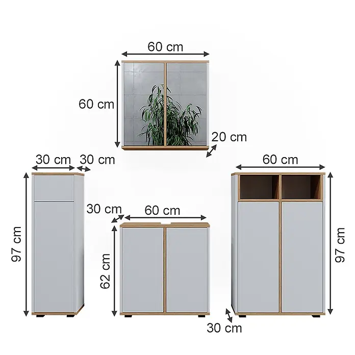 Badmöbel-Set Didi 60 cm Weiß Art.-Nr. 49396 -  - Modulare Schränke und Spiegel in Grau und Holzoptik, mit verschiedenen Abmessungen für flexible Aufbewahrung.