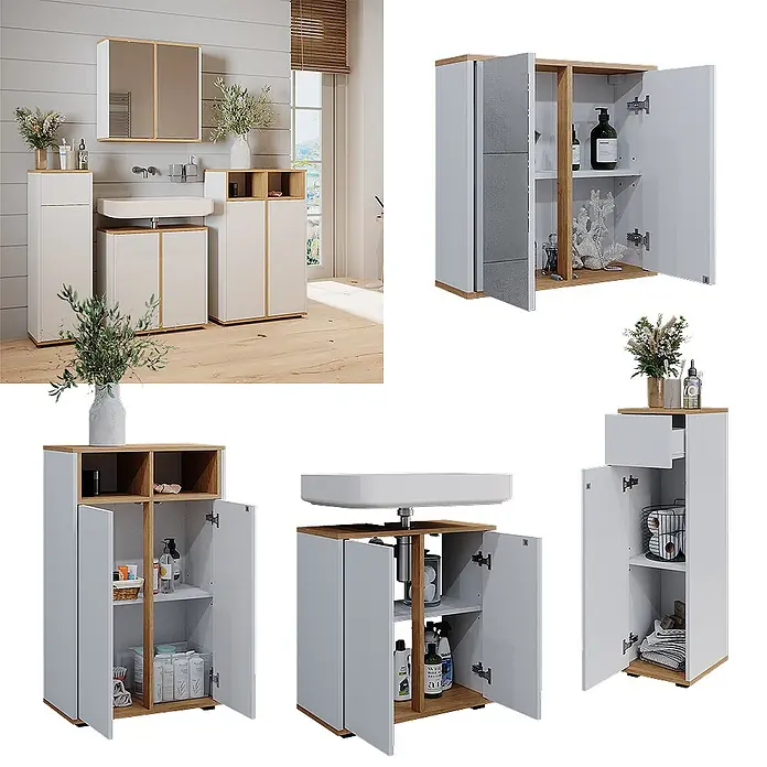 Badmöbel-Set Didi 60 cm Weiß Art.-Nr. 49396 -  - Weißes Badezimmermöbel-Set mit hellen Holzakzenten, bestehend aus Waschtisch-, Hochschrank und Spiegelschrank, im modernen Bad.