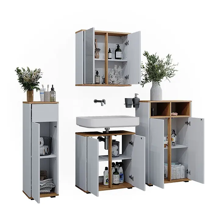 Badmöbel-Set Didi 60 cm Weiß Art.-Nr. 49396 -  - Graues und holzfarbenes Badezimmermöbel-Set mit Lagerschränken und Waschtischunterschrank.