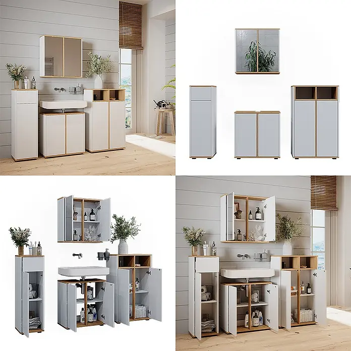 Badmöbel-Set Didi 60 cm Weiß Art.-Nr. 49396 -  - Weißes Badmöbel-Set mit hellen Holzdetails: Hochschrank, Waschtischunterschrank, Spiegelschrank und Stauraumschrank, für Stauraum.