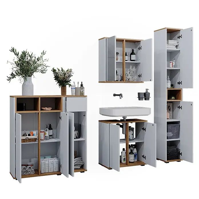 Badmöbel-Set Didi 60 cm Weiß Art.-Nr. 49399 -  - Hellgraues Badmöbel-Set in Holzoptik mit Schränken und Waschtisch, Türen offen mit Stauraum.