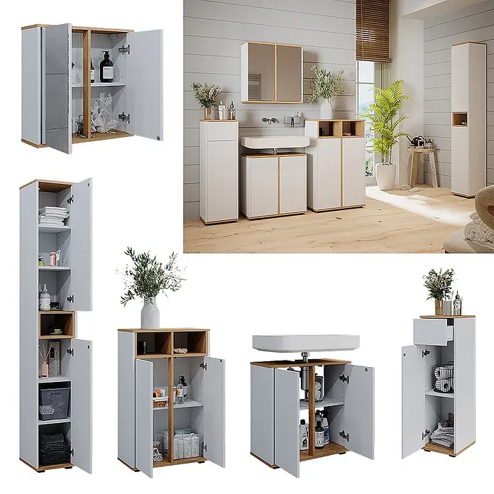 Badmöbel-Set Didi 60 cm Weiß Art.-Nr. 49399 -  - Weißes Badmöbelset mit hellen Holz Akzenten, inklusive verschiedener Schränke und Waschbeckenunterschrank.