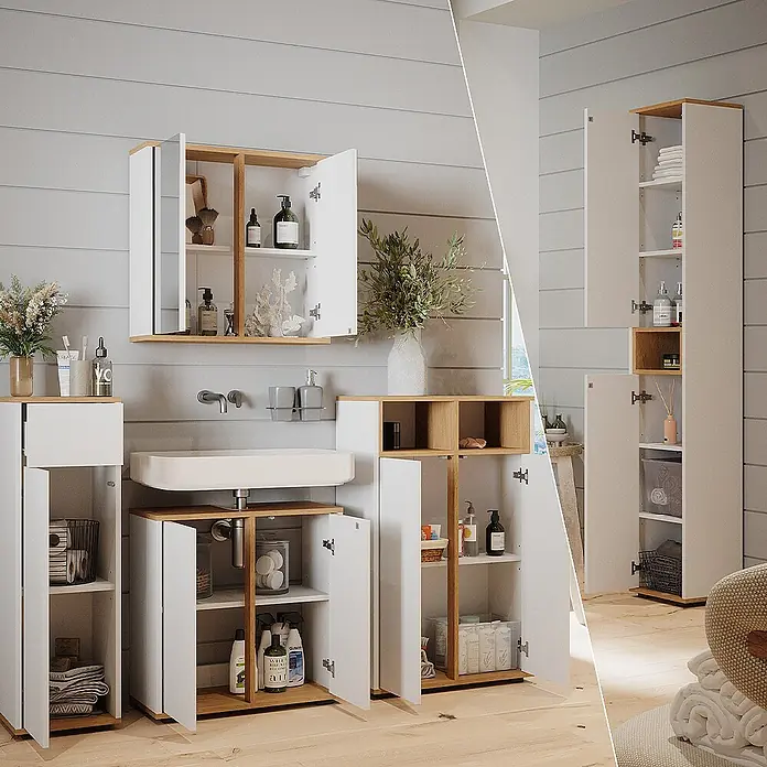 Badmöbel-Set Didi 60 cm Weiß Art.-Nr. 49399 -  - Badezimmermöbel-Set mit weißen Fronten und hellen Holzapplikationen, mit Wandschrank, Waschtischunterschrank und Kommoden.