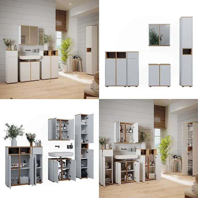 Badmöbel-Set Didi 60 cm Weiß Art.-Nr. 49399 -  - Weißes und helles Eichenholz Badmöbelset mit Waschtisch, Spiegelschrank und Hochschränken.