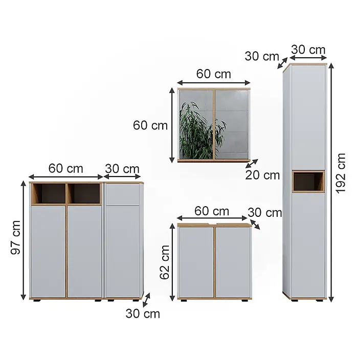Badmöbel-Set Didi 60 cm Weiß Art.-Nr. 49399 -  - Ein Set modularer Möbelstücke, bestehend aus hellgrauen und hellholzfarbenen Schränken, einem hohen Regal und einem Spiegel.