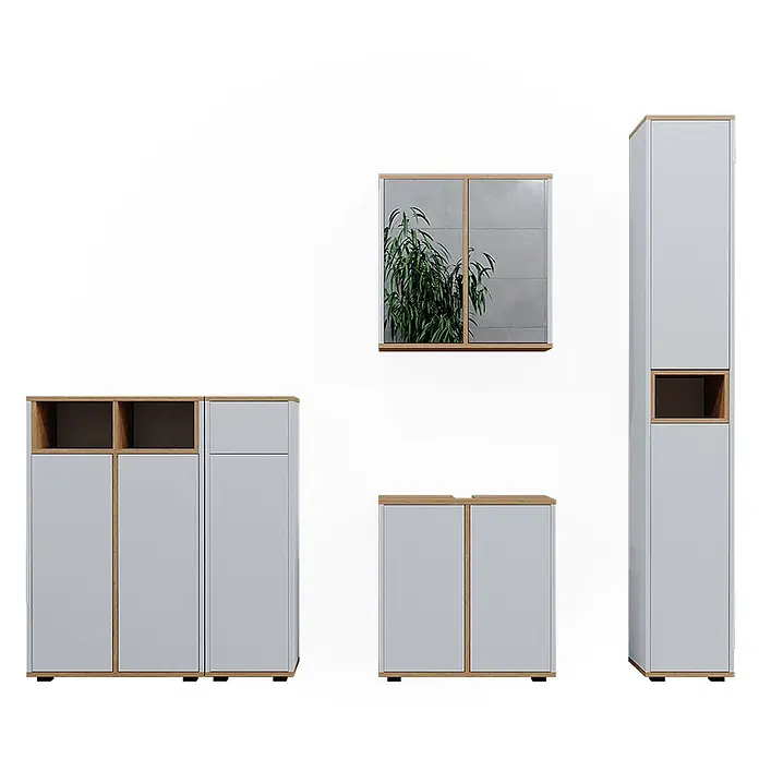 Badmöbel-Set Didi 60 cm Weiß Art.-Nr. 49399 -  - Hellesgraues modulares Möbelset mit Akzenten aus Naturholz, bestehend aus Kommoden, einem Hochschrank und einem Spiegelschrank.