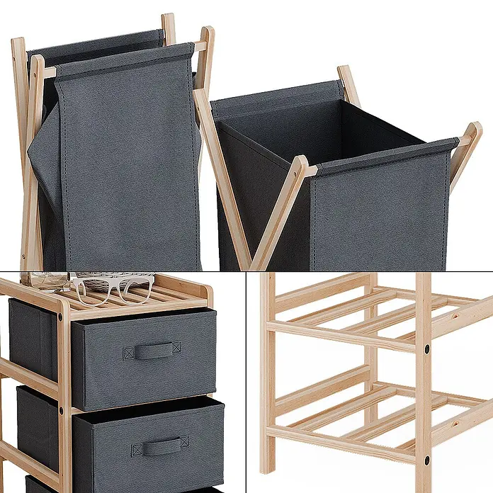 Vicco Badmöbel-Set Bruno Grau 3 Teile - Gesamtbreite Badmöbel: 109 cm, Grau, Matt - Aufbewahrungseinheit mit Holzrahmen, dunkelgrauen Stoff-Wäschekörben und ausziehbaren Schubladen.