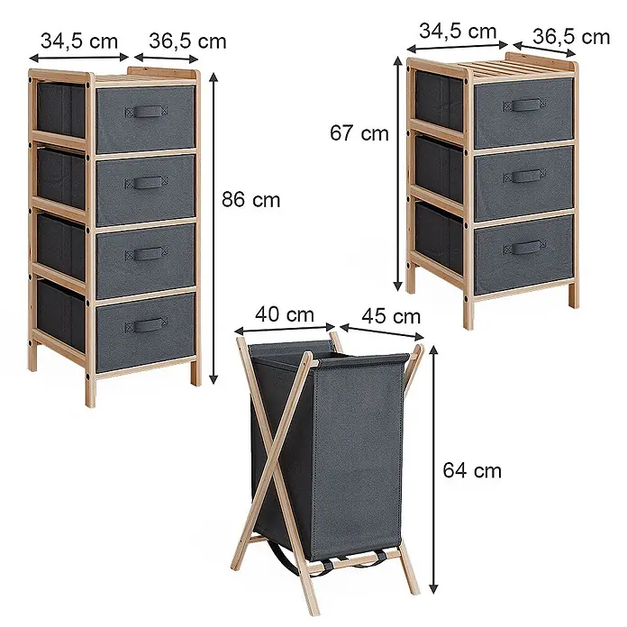 Vicco Badmöbel-Set Bruno Grau 3 Teile - Gesamtbreite Badmöbel: 109 cm, Grau, Matt - Aufbewahrungseinheiten mit Holzrahmen und dunkelgrauen Stoffschubladen (4- und 3-Schubladen) und passender Wäschesammler.