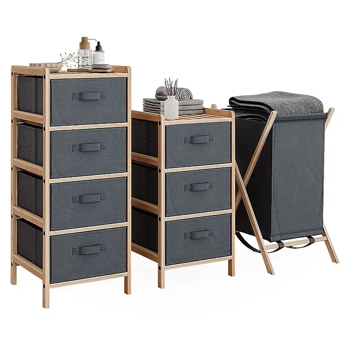 Vicco Badmöbel-Set Bruno Grau 3 Teile - Gesamtbreite Badmöbel: 109 cm, Grau, Matt - Zwei Schubladenregale aus Holz mit dunkelgrauen Stoffschubladen und ein passender Wäschekorb.