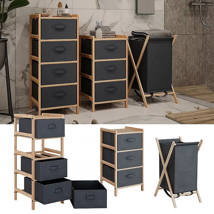 Vicco Badmöbel-Set Bruno Grau 3 Teile - Gesamtbreite Badmöbel: 109 cm, Grau, Matt - Badezimmer-Aufbewahrungsset: zwei Holzrahmen-Schubladenschränke mit dunkelgrauen Stoffschubladen und passender Wäschekorb, im Bad.