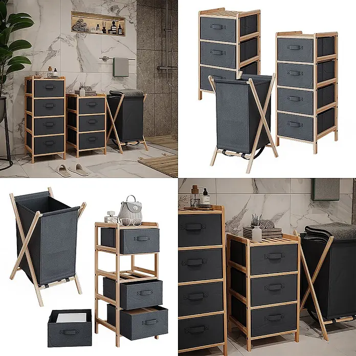 Vicco Badmöbel-Set Bruno Grau 3 Teile - Gesamtbreite Badmöbel: 109 cm, Grau, Matt - Modulare dunkelgraue Stoffschubladen-Aufbewahrungseinheiten mit Bambusrahmen und passendem klappbarem Wäschekorb.