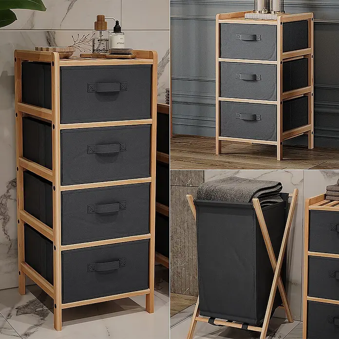 Vicco Badmöbel-Set Bruno Grau 3 Teile - Gesamtbreite Badmöbel: 109 cm, Grau, Matt - Holzregale mit dunkelgrauen Stoffschubladen und passender Wäschetonne in einem Badezimmer.