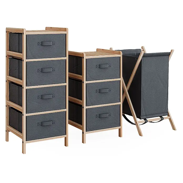 Vicco Badmöbel-Set Bruno Grau 3 Teile - Gesamtbreite Badmöbel: 109 cm, Grau, Matt - Zwei hellholzgerahmte Schubladeneinheiten mit dunkelgrauen Stoffschubladen und passendem Wäschesammler aus Stoff.