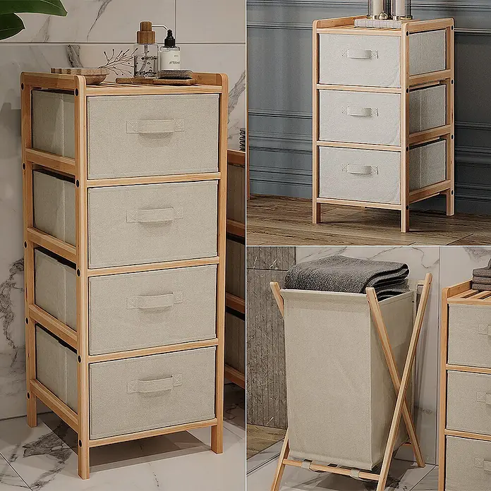 Vicco Badmöbel-Set Bruno Beige 3 Teile - Gesamtbreite Badmöbel: 109 cm, Beige, Matt - Helles Holzregal mit beigen Stoffschubladen und passendem Wäschesammler, im Wohnambiente dargestellt.