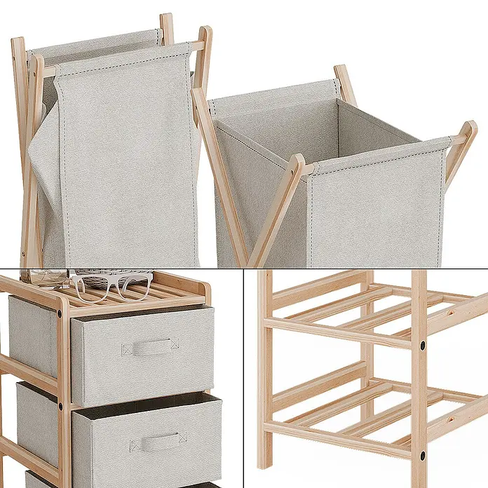 Vicco Badmöbel-Set Bruno Beige 3 Teile - Gesamtbreite Badmöbel: 109 cm, Beige, Matt - Aufbewahrungseinheit aus hellem Holz mit hellgrauen Stoffschubladen und faltbaren Wäschekörben, mit einer Lattenablage oben.