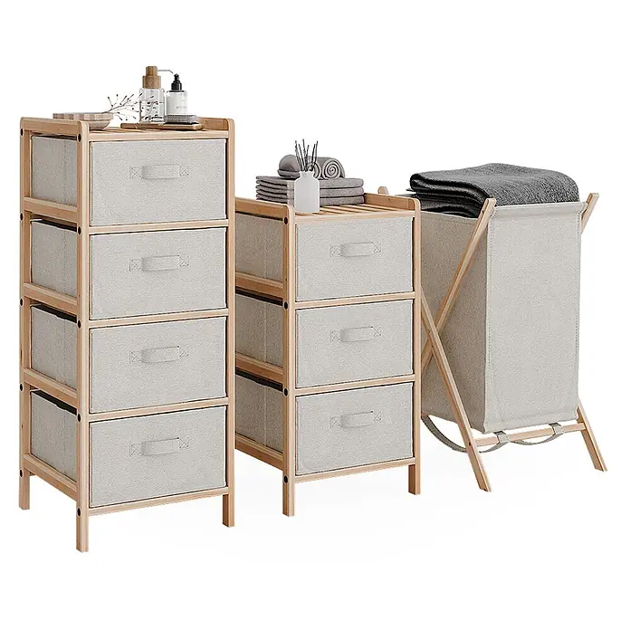 Vicco Badmöbel-Set Bruno Beige 3 Teile - Gesamtbreite Badmöbel: 109 cm, Beige, Matt - Zwei Holzregale mit hellgrauen Stoffschubladen und passender Wäschekorb aus Stoff mit Holzrahmen.