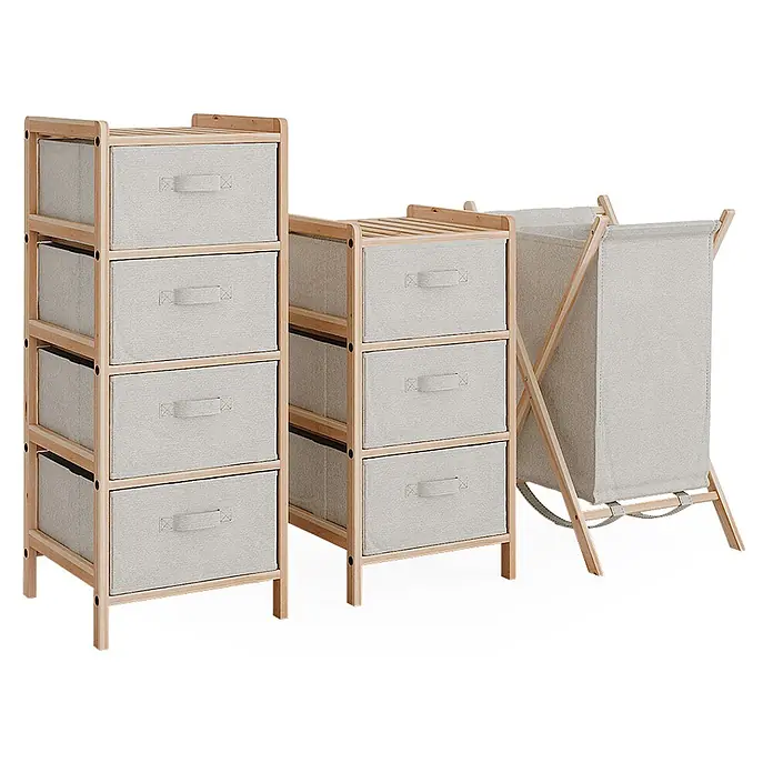 Vicco Badmöbel-Set Bruno Beige 3 Teile - Gesamtbreite Badmöbel: 109 cm, Beige, Matt - Zwei helle Holzregale mit grauen Stoffschubladen und passendem Wäschekorb aus Holz und Stoff zur Aufbewahrung.