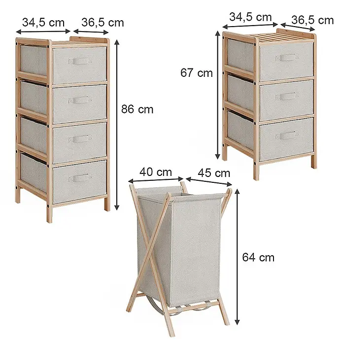 Vicco Badmöbel-Set Bruno Beige 3 Teile - Gesamtbreite Badmöbel: 109 cm, Beige, Matt - Set aus hellen Holz- und grauen Stoff-Aufbewahrungseinheiten und einem Wäschekorb mit Maßen.