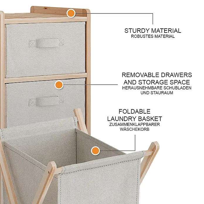 Vicco Badmöbel-Set Bruno Beige 3 Teile - Gesamtbreite Badmöbel: 109 cm, Beige, Matt - Holzregal mit hellbeigen Stoffschubladen und einem abnehmbaren, faltbaren Wäschesack. Ideal für Organisation und Wäsche.