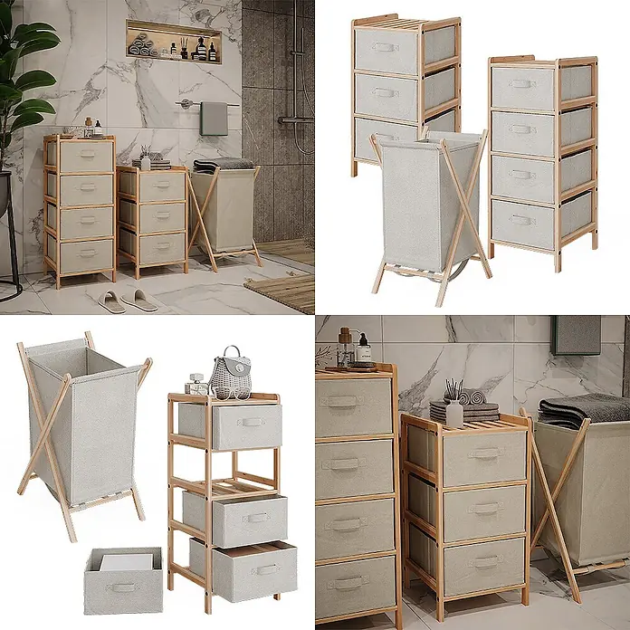 Vicco Badmöbel-Set Bruno Beige 3 Teile - Gesamtbreite Badmöbel: 109 cm, Beige, Matt - Zwei Aufbewahrungseinheiten aus hellem Holz und Stoff mit passendem Wäschekorb in einem Badezimmer.