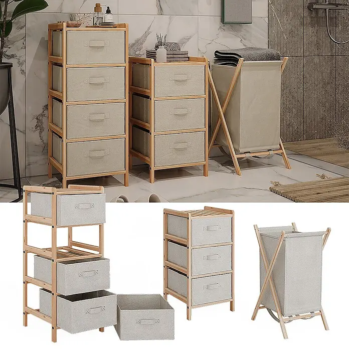 Vicco Badmöbel-Set Bruno Beige 3 Teile - Gesamtbreite Badmöbel: 109 cm, Beige, Matt - Zwei helle Holzregale mit beigefarbenen Stoffschubladen und passendem Wäschekorb im Badezimmer.