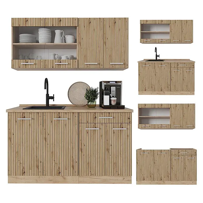 Vicco Singleküche R-Line Artisan-Eiche/Goldkraft Eiche ohne Arbeitsplatte - Artisan-Eiche, Ohne AP - Küchenschrank-Set aus hellem Holz mit vertikalen Lamellen, inklusive Unterschränken mit schwarzer Spüle und Wasserhahn, sowie Oberschränken.