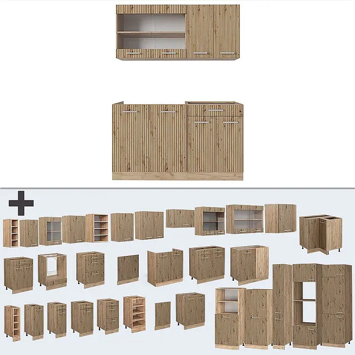 Vicco Singleküche R-Line Artisan-Eiche/Goldkraft Eiche ohne Arbeitsplatte - Artisan-Eiche, Ohne AP - Modulare Küchenschränke aus hellem Holz mit vertikal gerilltem Design, als Set und Einzelkomponenten.