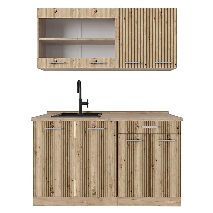 Vicco Singleküche R-Line Artisan-Eiche/Goldkraft Eiche ohne Arbeitsplatte - Artisan-Eiche, Ohne AP - Küchenschrank-Set aus hellem Naturholz mit Lamellenfronten, schwarzem Spülbecken und Wasserhahn.