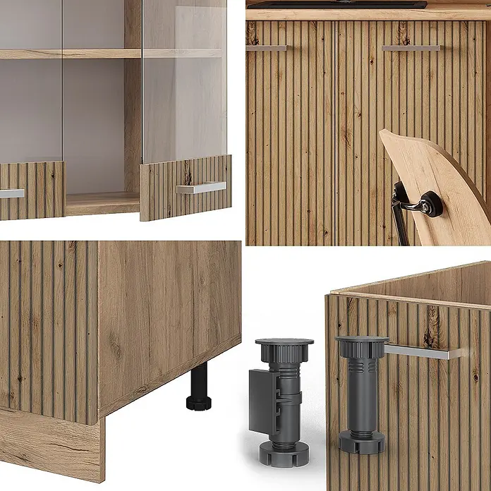 Vicco Singleküche R-Line Artisan-Eiche/Goldkraft Eiche ohne Arbeitsplatte - Artisan-Eiche, Ohne AP - Heller Holzschrank mit geriffelter Textur, Glastüren, Metallgriffen und verstellbaren Füßen.
