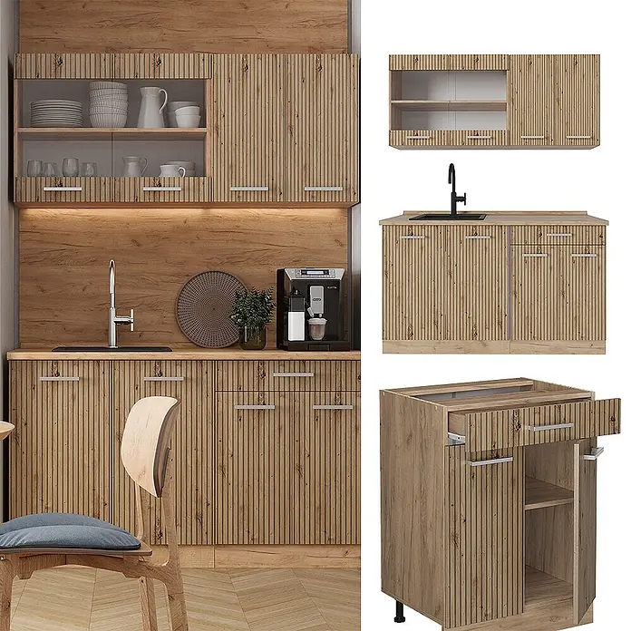Vicco Singleküche R-Line Artisan-Eiche/Goldkraft Eiche ohne Arbeitsplatte - Artisan-Eiche, Ohne AP - Modulare Küchenschrank-Garnitur in heller Holzoptik mit gerippten Türen, inklusive Ober- und Unterschränken, teils mit Glasfronten.