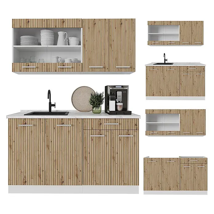 Vicco Singleküche R-Line Artisan Eiche/Weiß, AP Marmor - Breite: 140 cm, Artisan-Eiche, Mit AP Marmor - Modulares Küchenset aus hellem Holz mit Lamellenschränken, weißen Sockeln und Arbeitsplatten. Wand- und Unterschränke, einer mit Spüle.