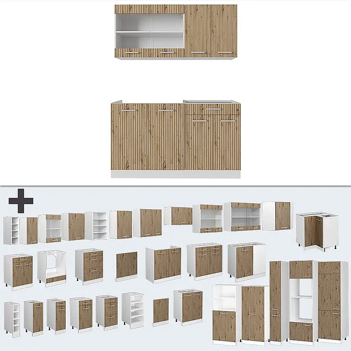 Vicco Singleküche R-Line Artisan Eiche/Weiß, AP Marmor - Breite: 140 cm, Artisan-Eiche, Mit AP Marmor - Modulares Küchenschrank-Set mit hellen Holzfronten in Rippenoptik und weißen Rahmen, gezeigt als montierte und Einzelmodule.