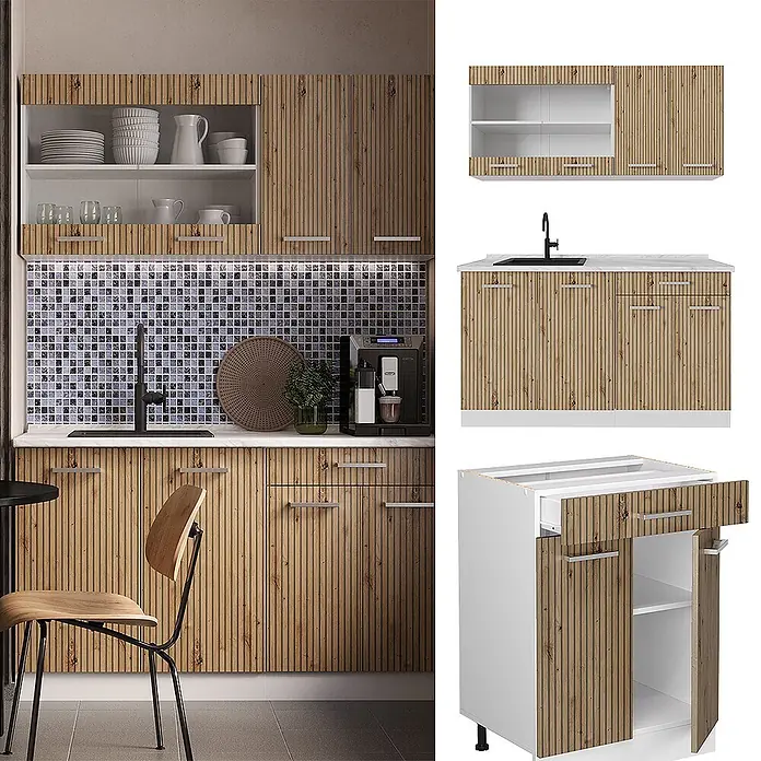 Vicco Singleküche R-Line Artisan Eiche/Weiß, AP Marmor - Breite: 140 cm, Artisan-Eiche, Mit AP Marmor - Moderne Küchenschränke mit gerippten hellen Holzfronten und silbernen Griffen, als komplette Küche und Einzelmodule gezeigt.