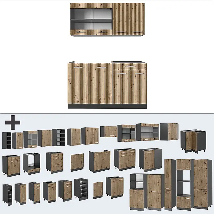 Vicco Singleküche R-Line, Artisan-Eiche, 140 cm -  - Modulare Küchenschränke in heller Holzoptik mit dunkelgrauen Rahmen, in verschiedenen Konfigurationen.