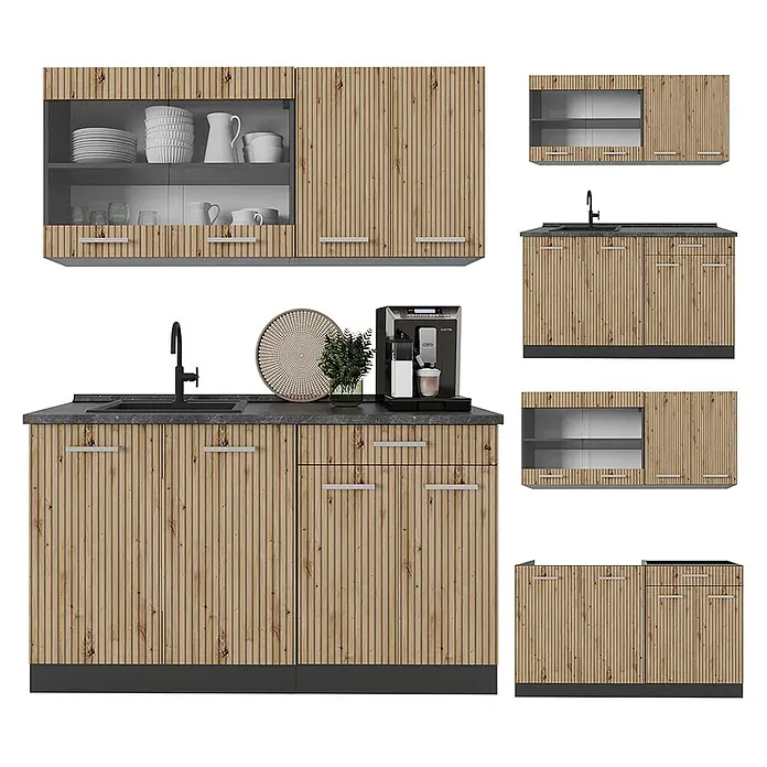 Vicco Singleküche R-Line, Artisan-Eiche, 140 cm -  - Modulare Küchenschränke aus hellem Lamellenholz mit dunklen Arbeitsplatten und silbernen Griffen. Mit Glas-Oberschränken und Spülenunterschrank.