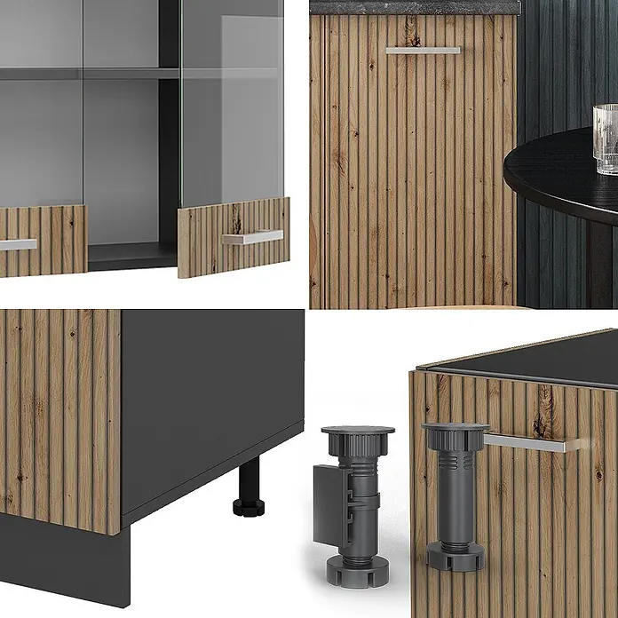 Vicco Singleküche R-Line, Artisan-Eiche, 140 cm -  - Modulare Küchenschränke mit geriffelten hellen Holzfronten, dunkelgrauen Rahmen und Platten, silbernen Griffen und verstellbaren Füßen.