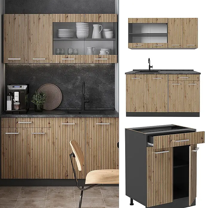 Vicco Singleküche R-Line, Artisan-Eiche, 140 cm -  - Moderne Küche mit hellen Holzschrankfronten in Lamellenoptik, dunklen Arbeitsplatten und integrierter Spüle. Oberschränke mit Glastüren.